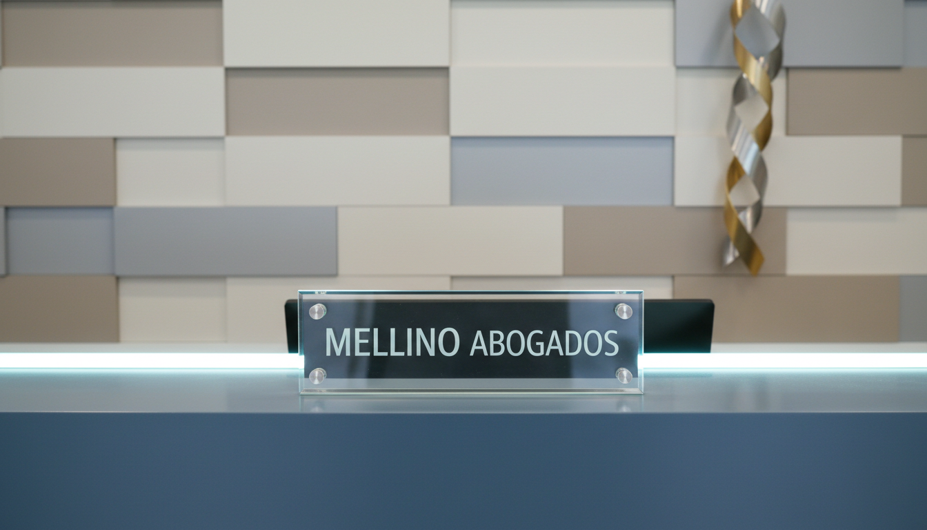 A sophisticated glass name plaque with crisp white engraved lettering reading 'MELLINO ABOGADOS' sits centered on a smooth slate-blue reception counter. Behind, a backdrop of textured, neutral-toned wall panels and a single abstract metallic sculpture offer subtle visual interest. Cool, indirect LED lighting washes gently over the sign, producing soft reflections and a subtle halo effect, creating a welcoming, modern, and authoritative ambiance. The composition is symmetrical and front-facing, with balanced negative space emphasizing the plaque. The photographic realism, structured layout, and restrained palette reinforce the law firm's corporate and professional personality, ideal for a business-oriented site.