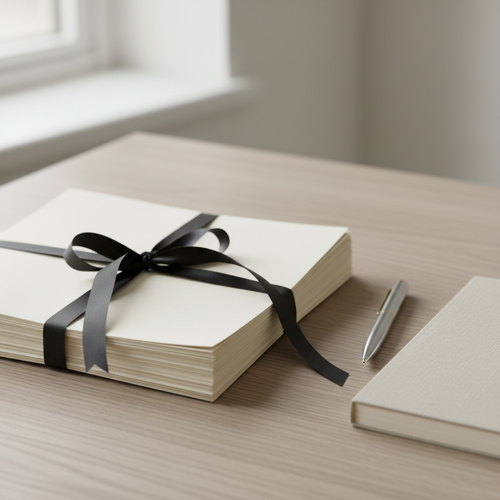 A close-up of a neat stack of high-quality legal documents secured with a black satin ribbon, set atop a finely-grained oak desk with soft taupe undertones. The desk is uncluttered except for an elegant silver pen and a neutral-toned linen notepad placed precisely to the side. Gentle overcast daylight from a window softly illuminates the scene, giving subtle highlights to the paper edges and a delicate shadow along the ribbon. The mood is composed, trustworthy, and professional. The image is framed using rule of thirds, with a shallow depth of field bringing focus to the documents while the background fades to a creamy blur. The photographic style is minimalist and structured, exuding clarity and precision for a legal environment.