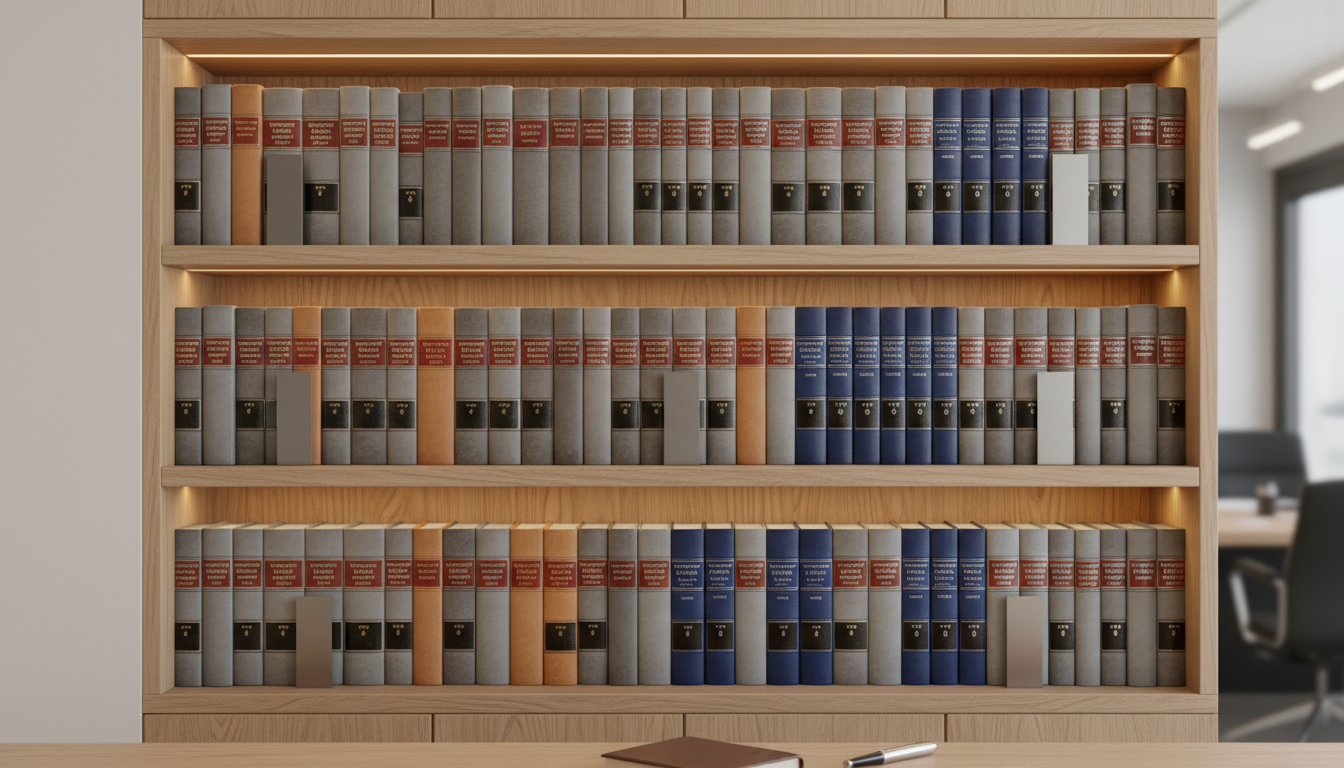A well-organized bookshelf with a curated collection of hardbound law books in muted grey, tan, and deep blue leathers, their spines embossed in silver and gold. The shelves are integrated into a custom-built, light-toned wood wall unit, flanked by minimalist geometric bookends in brushed steel. Subtle recessed lighting from above casts a uniform, soft glow across the volumes, highlighting their textures without harsh shadows. The mood is studious, serene, and discreetly elegant. Viewed at a slight angle for depth, employing asymmetrical balance. The photographic style is clean and modern, reinforcing a sense of knowledge, order, and reliability appropriate for a legal firm specializing in labor, civil, and commercial law.