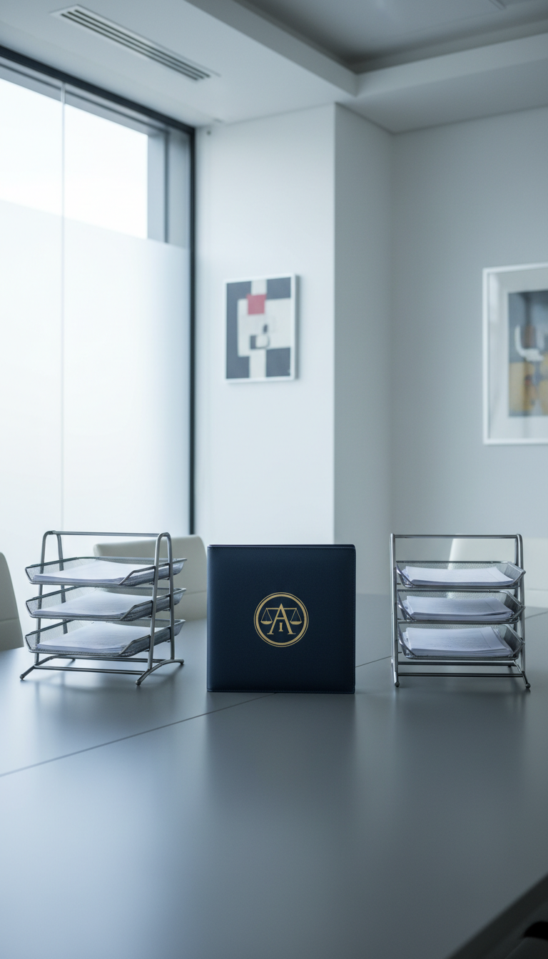 A refined navy-blue leather-bound legal portfolio embossed with the firm’s gold insignia rests on a sleek, matte grey conference table, flanked by meticulously organized steel paper trays. The polished surface reflects soft, diffused daylight streaming in from a nearby frosted glass window, casting understated, symmetrical shadows. The setting is an immaculate corporate meeting room with white walls, clean lines, and minimalist decor. The lighting is cool and even, enhancing the crisp professionalism of the space. The mood is calm, orderly, and inviting—expressing trustworthiness and expertise. Captured from an eye-level perspective with a centered, balanced composition and sharp focus throughout. The image style combines photographic realism with a clean, modern corporate aesthetic, aligning with a professional law firm’s visual identity.